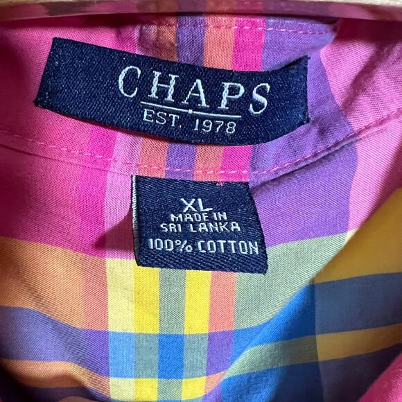 Chaps Colorful Plaid Shirt XL Cotton Short Sleeve Button Down Preppy - Picture 4 of 5